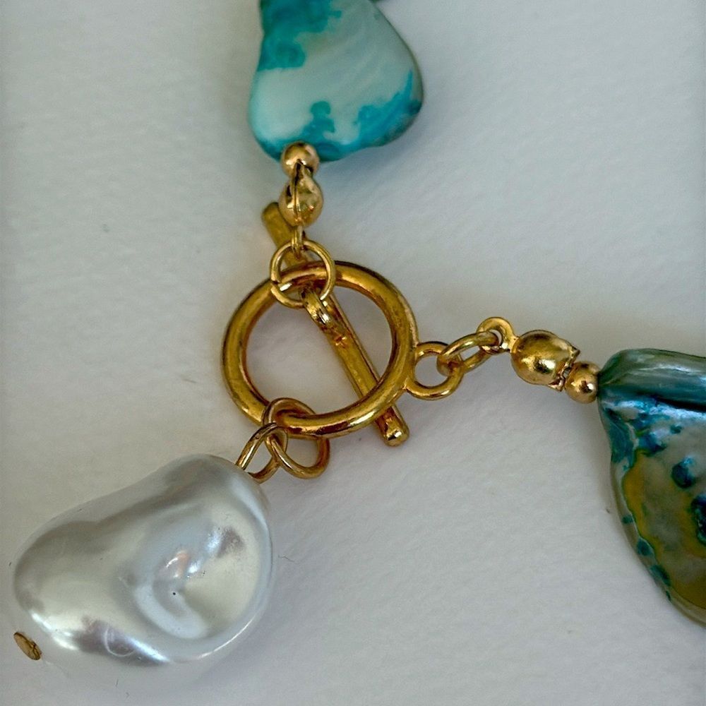 Calypso Blue Shell Necklace, Faux Pearl Drop - Picture 5 of 6